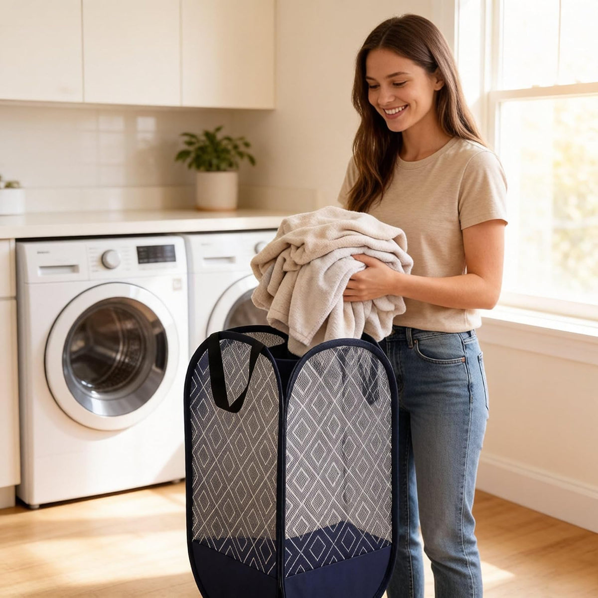 Upgraded 100L Extra Large Mesh Pop Up Laundry Hamper with Handles, Blue