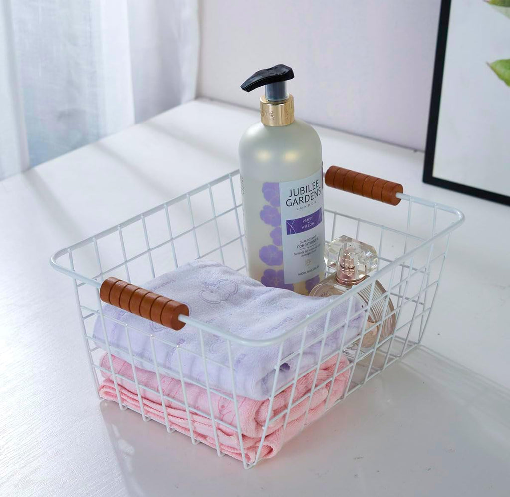 JUNCHU CHERRY Wire Kitchen Storage Basket 2 Packs,Perfect Pantry Organization Accessories Baskets,Laundry Basket,With a Wooden Handle,Suitable for Kitchen,Bathroom,Bedroom,Tabletop,Stackable,White