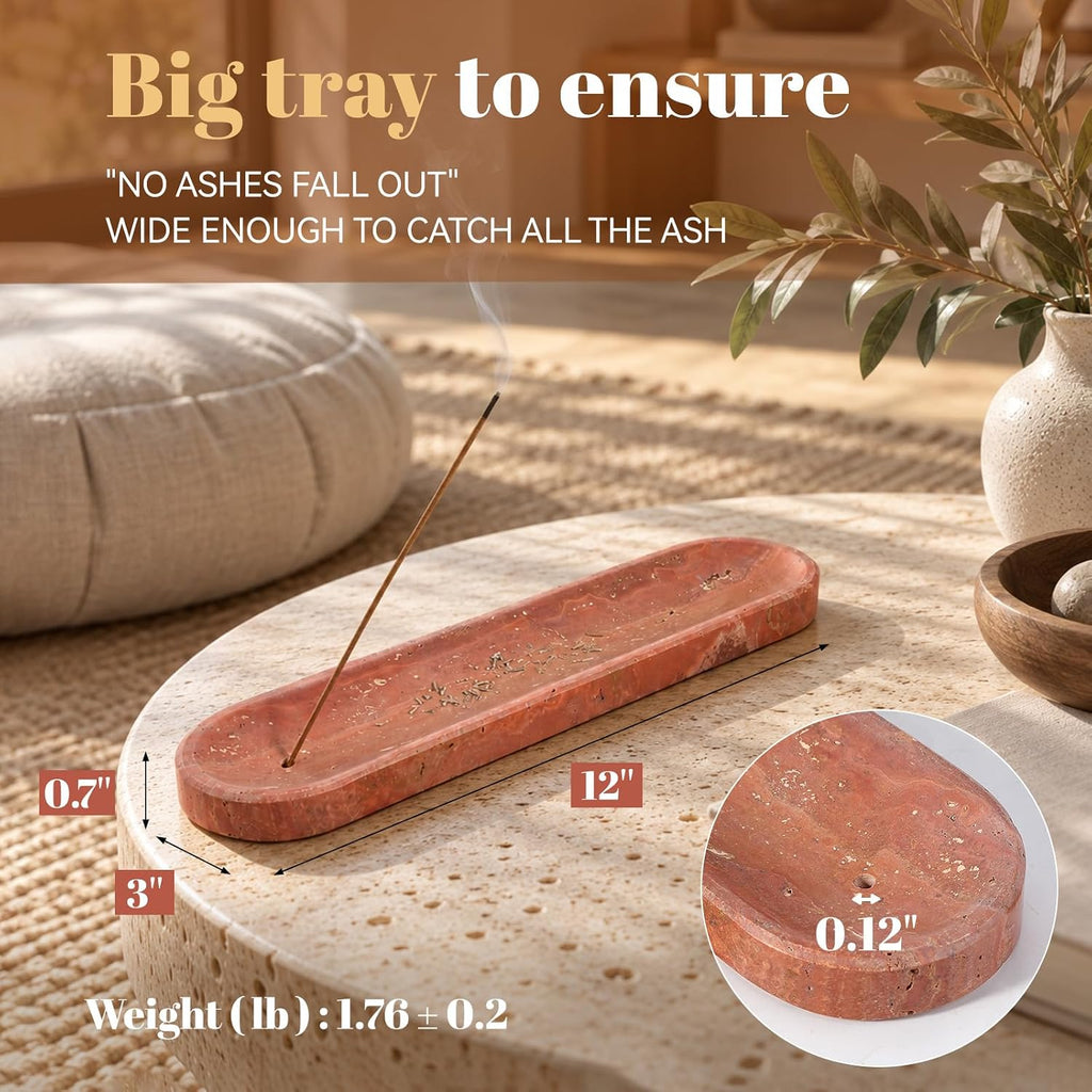 Koville Travertine Incense Holder, Incense Holder for Sticks, Long Incense Sticks Holder Ash Catcher for Meditation Yoga SPA, Natural Stone Incense Burner, Home Table Decor(Red)