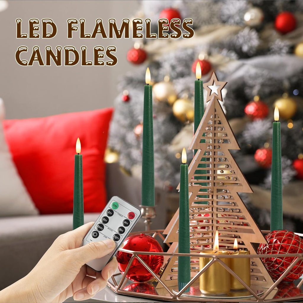 Green Flameless Candles, 9.6" Real Wax Taper Battery Opearted Candles with Remote, 6 Pack Flickering LED Candlesticks with 3D Wick, Classic Tall Taper Candles for Home, Party, Christmas Decor