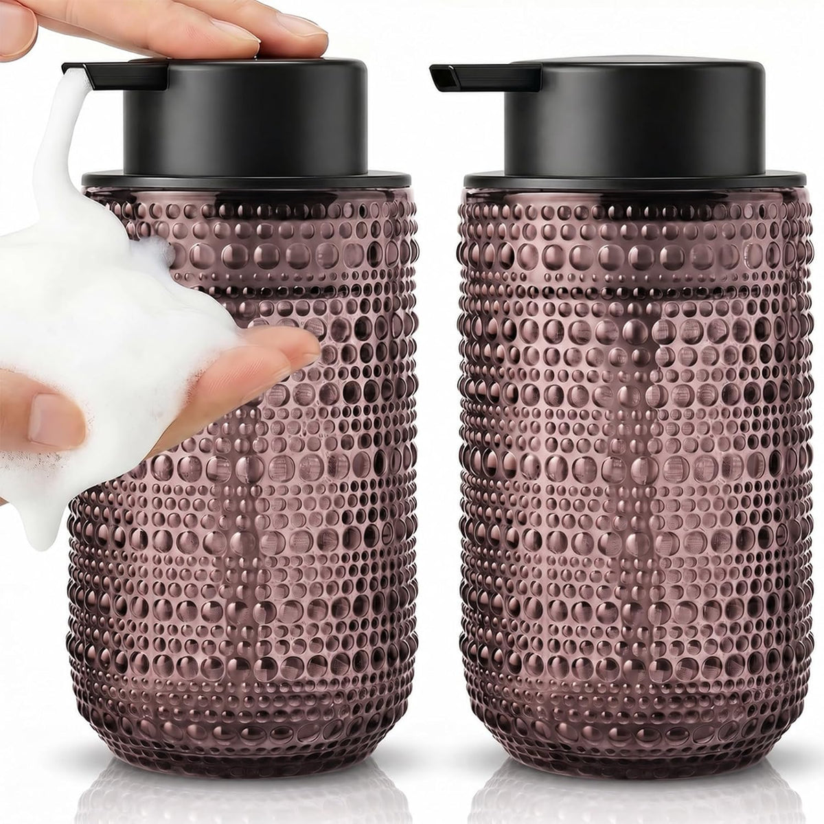 2 Pack Purple Glass Foaming Soap Dispenser, Vintage Foam Hand Soap Dispenser, 14 OZ Hobnail Texture Foam Dispenser with Black Pump for Bathroom, Kitchen, Refillable, Nordic Modern Farmhouse Decor