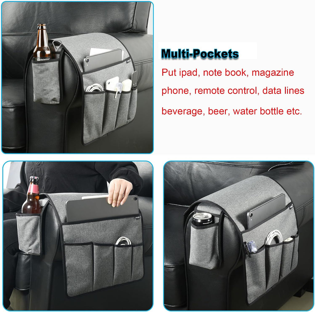 Sofa Armrest Organizer Couch Remote Holder, Sofa Caddy Bedside Organizer Recliner Armchair Accessory for iPad Tablet Phone Magazines in Home Bedroom Office Hotel, 5 Pockets with Font Side Drink Holder