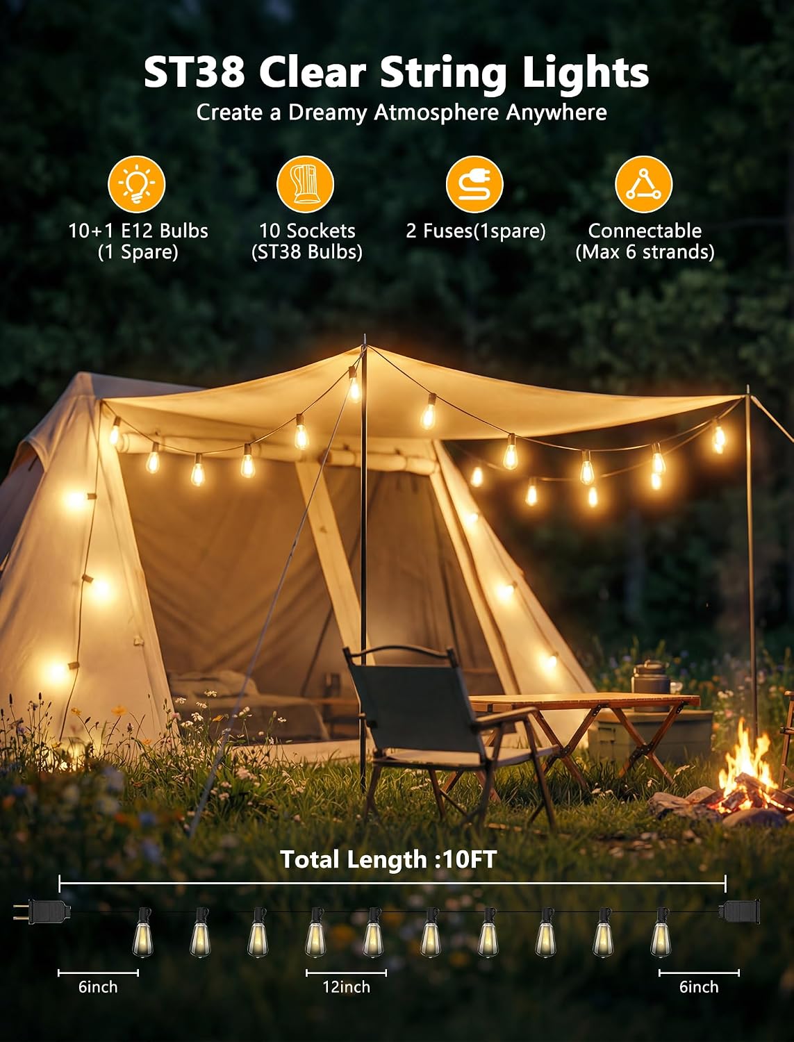 10FT ST38 Outdoor Edison String Lights with11 Clear Vintage Light Bulbs