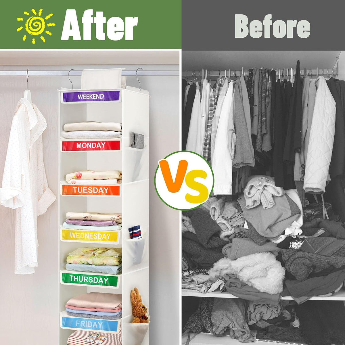2 Pack 6-Shelf Weekly Clothes Organizer for Kids, Hanging Daily Closet Organization with 6 Side Pockets, Days of The Week Clothing Divider Storage for Boys and Girls (White)