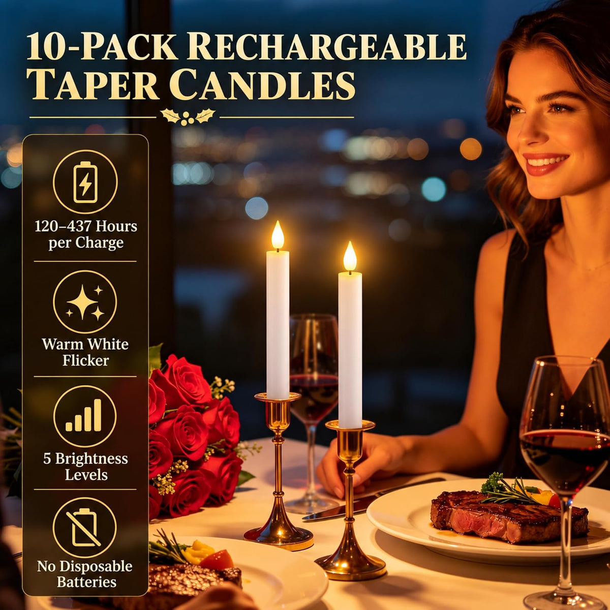 SoulBay Rechargeable Taper Candles with Remote Timer for Windows, 10 Pack