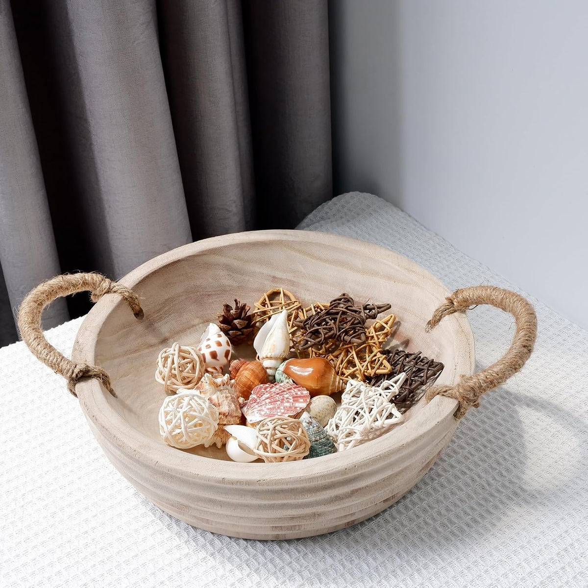 Wooden Decorative Bowls, 11.2 Inch Premium Round Serving Bowl with Rope Handles for Home Decor, Round Paulownia Wood Centerpiece Bowl for Coffee Table(Natural)
