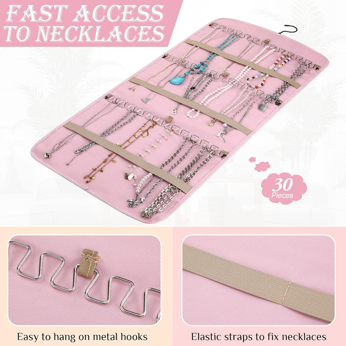 2 Pack Hanging Jewelry Organizer Necklace Hooks, Pink
