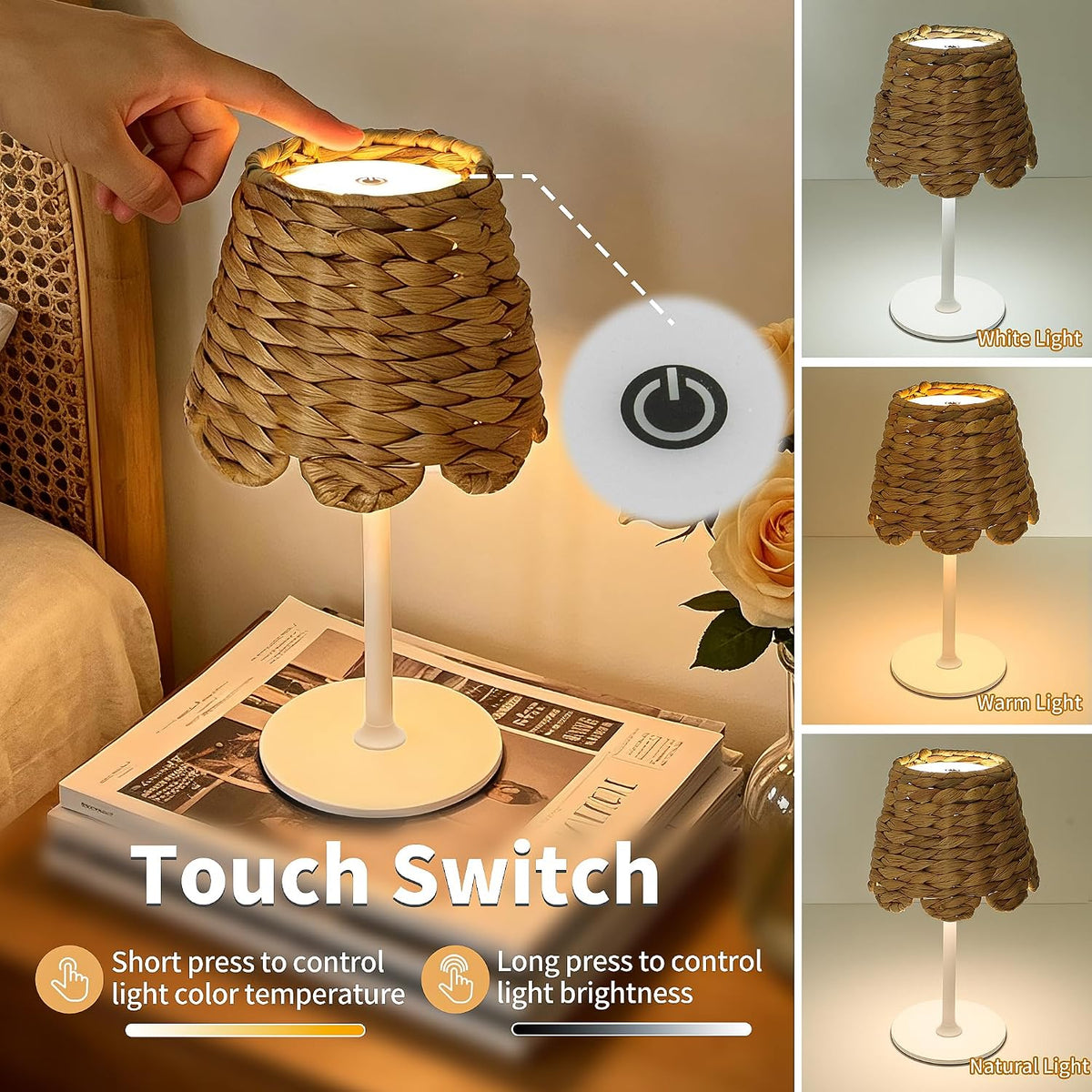 Cordless Rechargeable Table Lamp with Bohemian Wicker Water Hyacinth Lampshade, Battery Powered Top Touch Table Light with 3 Color Stepless Dimming for Patio Restaurant (White)