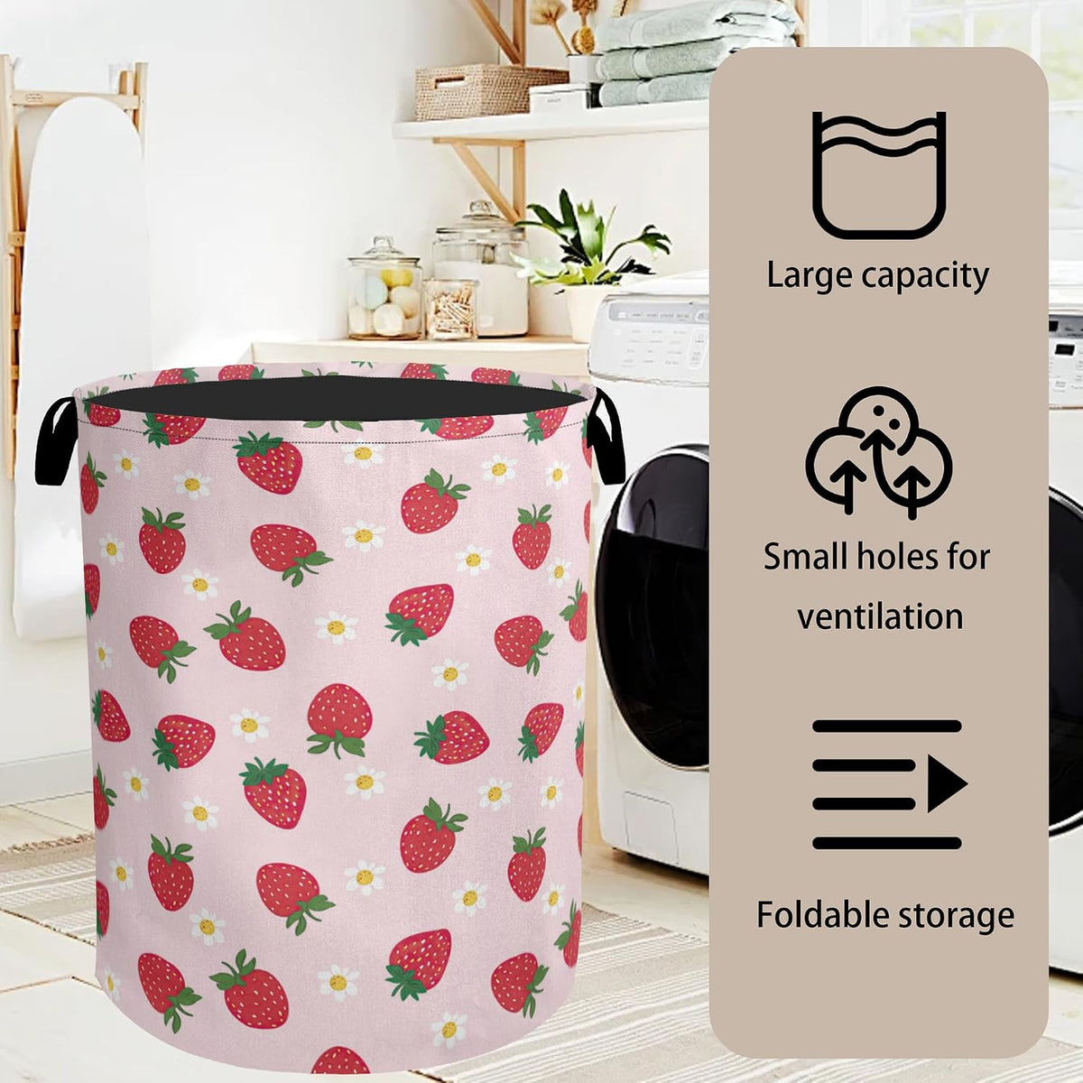 Cute Pink Strawberry Laundry Basket, Extra Large Foldable Hamper for Bathroom/Laundry/Bedroom/Dorm, Washable Fabric Storage Bin with Handle