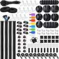 Cable Management Kit - 4 Cable Sleeve, 57 Self Adhesive Cable Clips, 12 Hanging Strips, 12 Cable Organizer Straps and 100 Fastening Cable Ties for TV Computer Under Desk (Black and White)