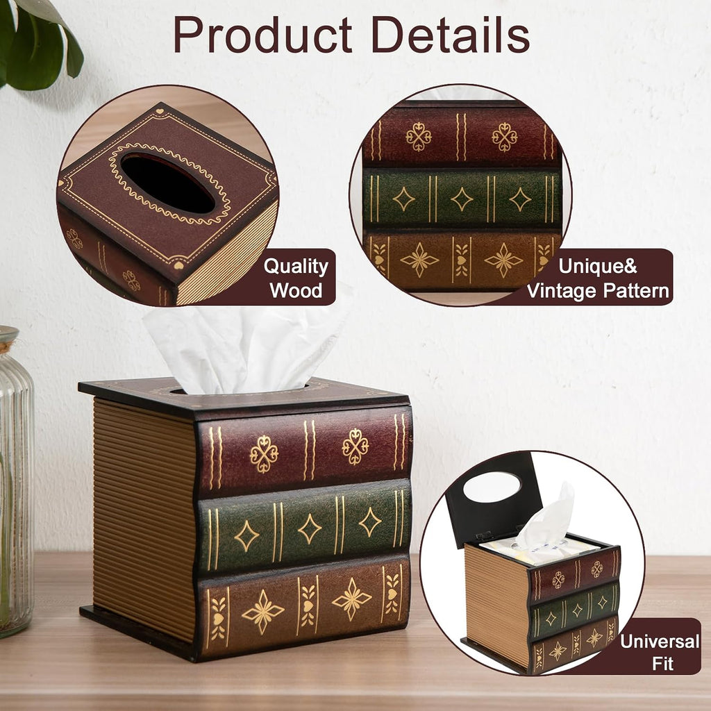 Classical Retro Square Wooden Antique Book Tissue Box Cover Home Decor