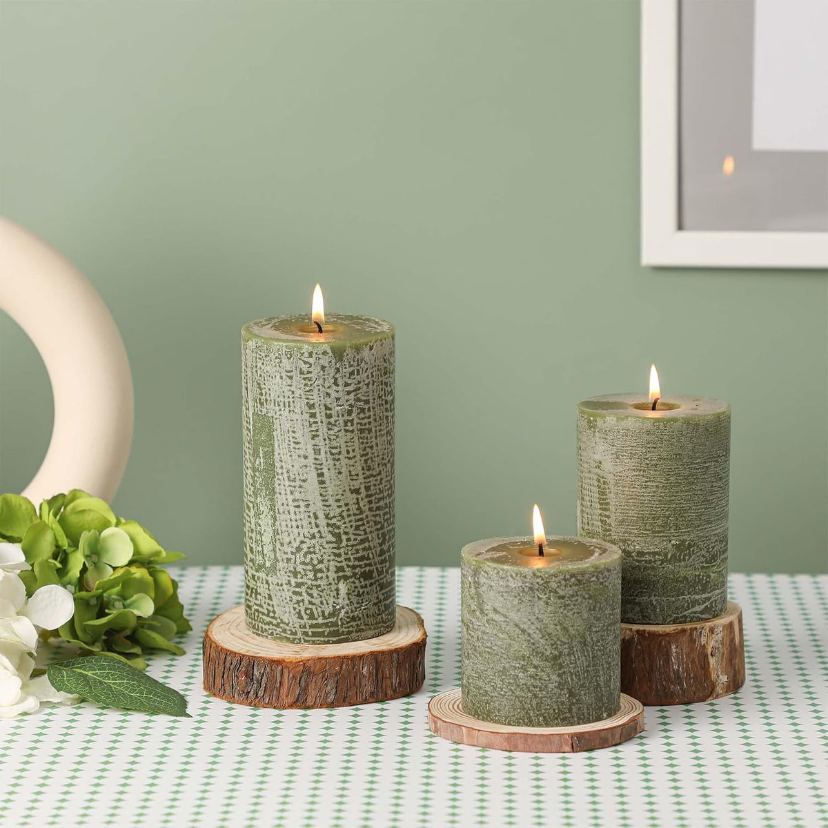 3x3 Inch Moss Green Pillar Candles - Set of 3, Long Clean Burning, Smokeless Dripless Candles for Spring Home Decor, Dinner Table, Bathroom, Rustic Decor