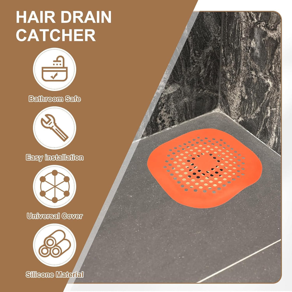 PATIKIL Hair Drain Catcher 5-1/2 Inch, 4 Pcs Silicone Square Drain Protector Hair Stopper with Suction Cup for Kitchen Bathroom Balcony Landscaped Walkways Patios, Orange
