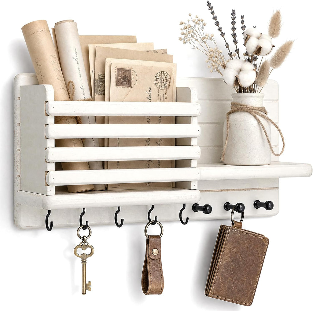 Rebee Vision Key Holder Wall Mount with Mail Slot for Hoom Decor, White