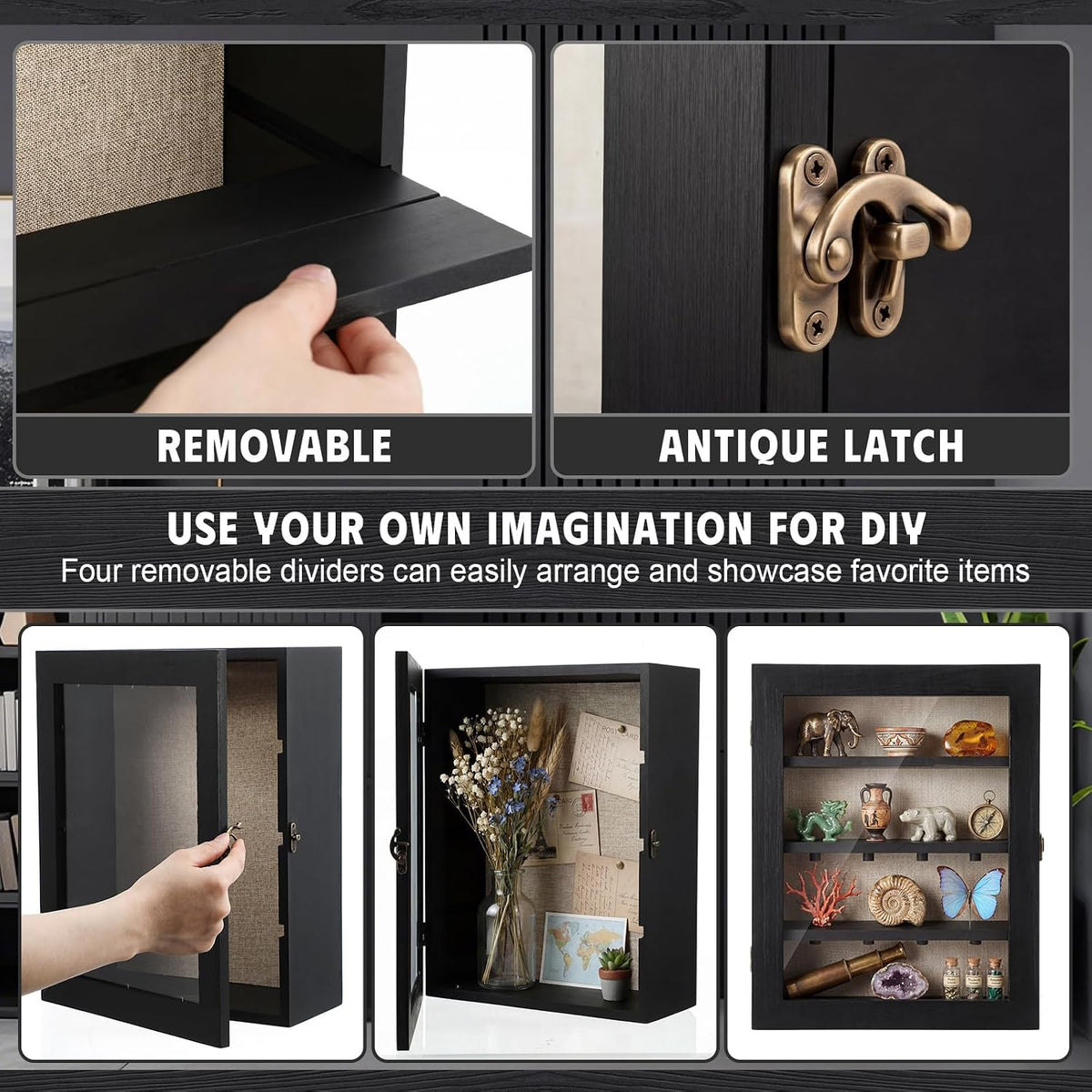 Gerrii Shadow Box Display Case 11 x 13 - Deep 5 Inch Wooden Picture Frame with Linen Back, Removable Shelves, Wooden Memory Case for Wedding Bouquets, Photos, Medals & Keepsakes, Black