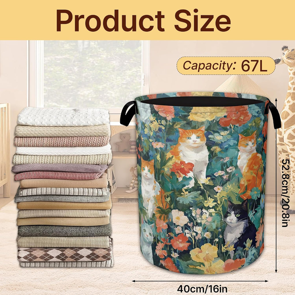Watercolor Cats Collapsible Laundry Hamper with Handles,Oxford Cloth Laundry Basket,Storage Organizer for Bathroom Bedroom Laundry Room