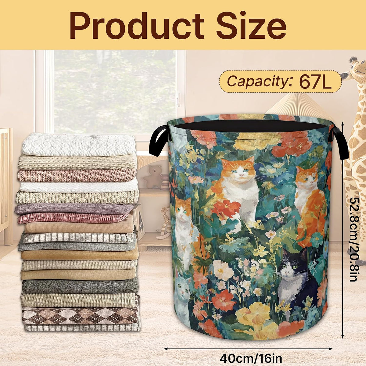 Watercolor Cats Collapsible Laundry Hamper with Handles,Oxford Cloth Laundry Basket,Storage Organizer for Bathroom Bedroom Laundry Room