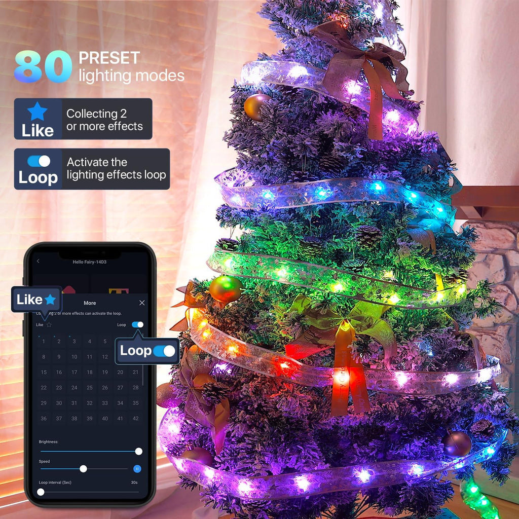 Smart Christmas Tree Ribbon String Lights, 33ft 80 Modes Colors Changing Ribbon Light for Christmas Tree, APP & Remote Control, Sync Musical, Timer, USB (Silver)