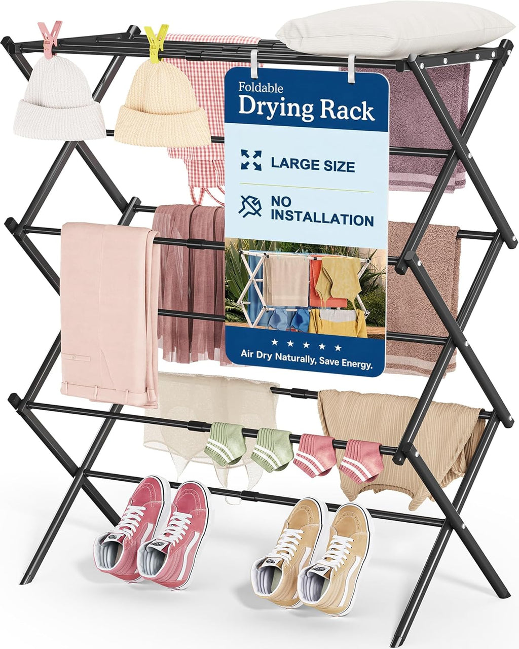 APEXCHASER Oversize 3-Tier Clothes Drying Rack, No Assembly, Black