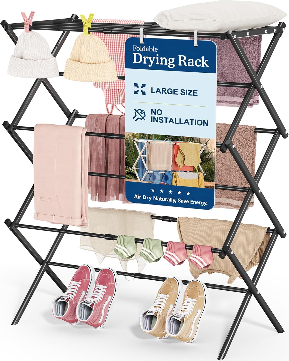 APEXCHASER Oversize 3-Tier Clothes Drying Rack, No Assembly, Black
