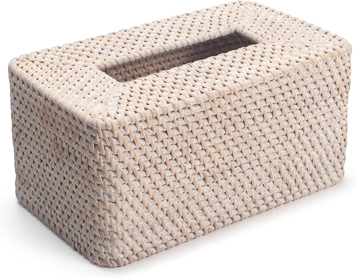 YANGQIHOME Rattan Tissue Box Cover, Rectangle Wicker Tissue Box Holder, Boho Facial Tissue Holder for Living Room, Bathroom, Kitchen, Bedroom, 10.2 x 6.2 x 5.3 inch, Whitewash