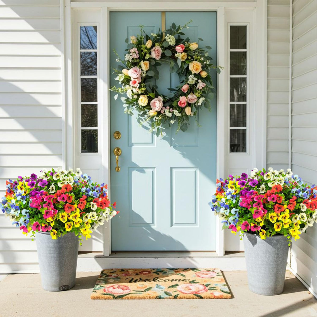 Pansies Artificial Flowers for Outdoors 12 Bundles Fake Silk Pansy Faux Plastic Plants UV Resistant for Home Outside Garden Planter Front Door Porch Yard Patio Decor (Mixed Color)