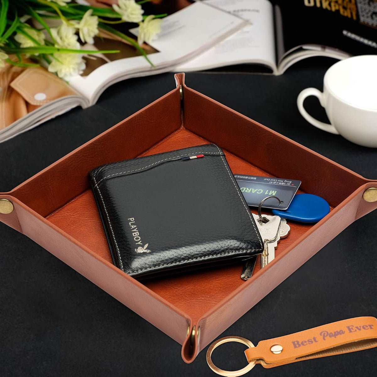 Haooryx Best Papa Ever PU Valet Tray and Keychain Desktop Storage Organizer
