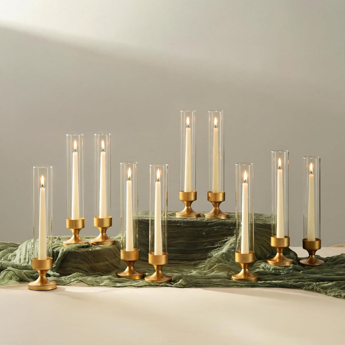 NUPTIO Hurricane Glass Candle Holder: Set of 10 Metal Taper Candle Holders