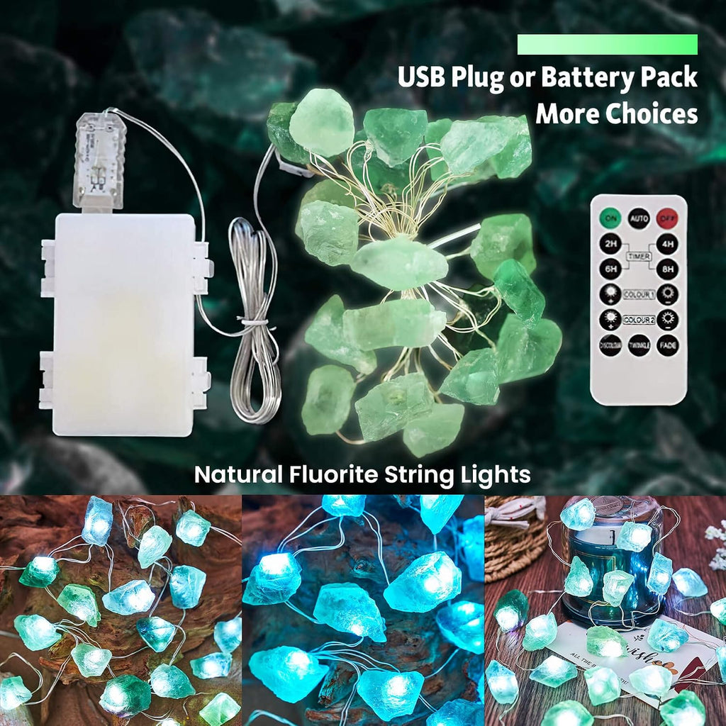 Natural Fluorite Crystal String Lights Indoor Color Change Novelty Geode Fairy Decorative Lights 9ft 20 LEDs Battery Operated or USB Plug in for Bedroom Mood Accent Christmas Decoration