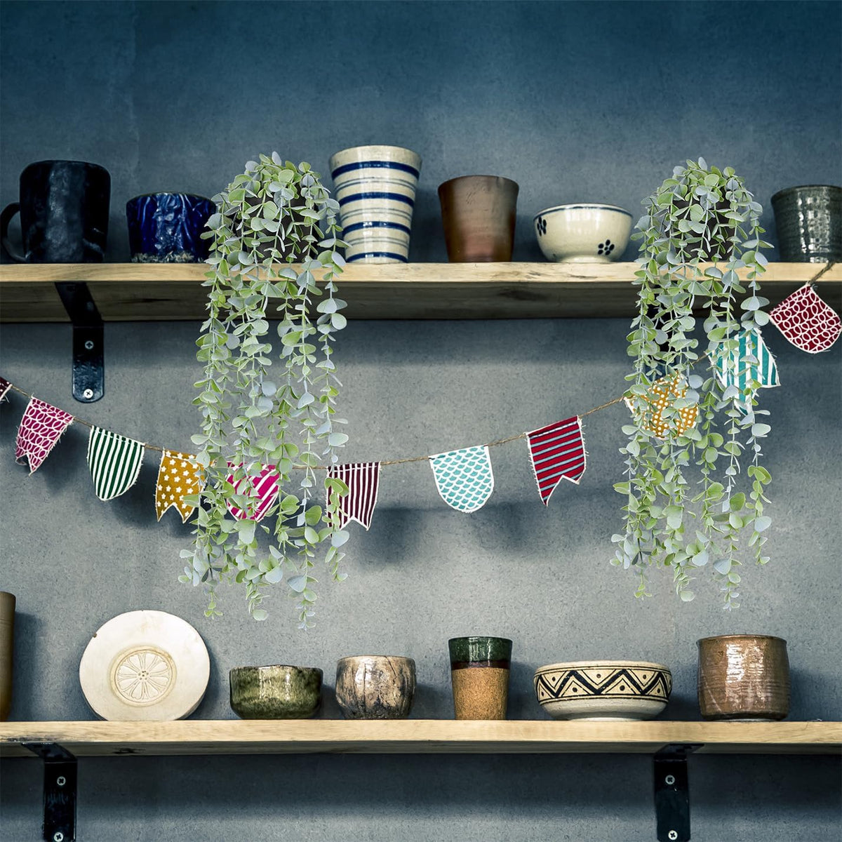Fake Hanging Plants Eucalyptus Potted Artificial Plant Small Faux Ivy Vines Decor for Floating Shelf Kitchen Bathroom Cabinets Indoor Outdoor Pack of 2 23.6 Inches Long