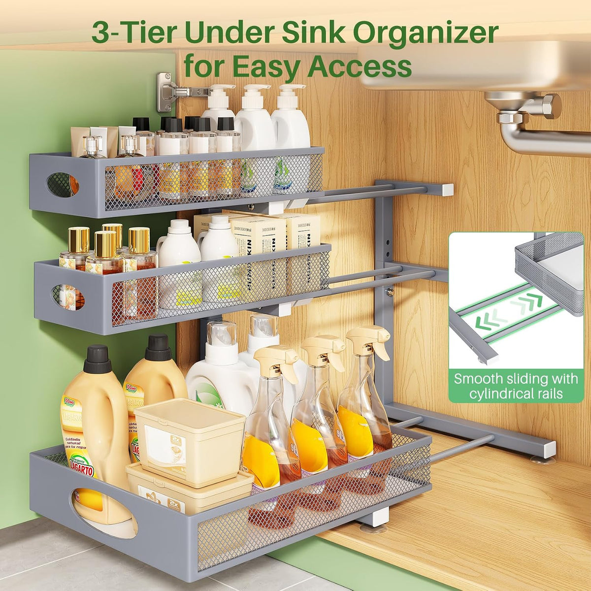 Kitstorack Under Sink Organizer 3-Tier Slide Out Drawer 1-Pack Grey