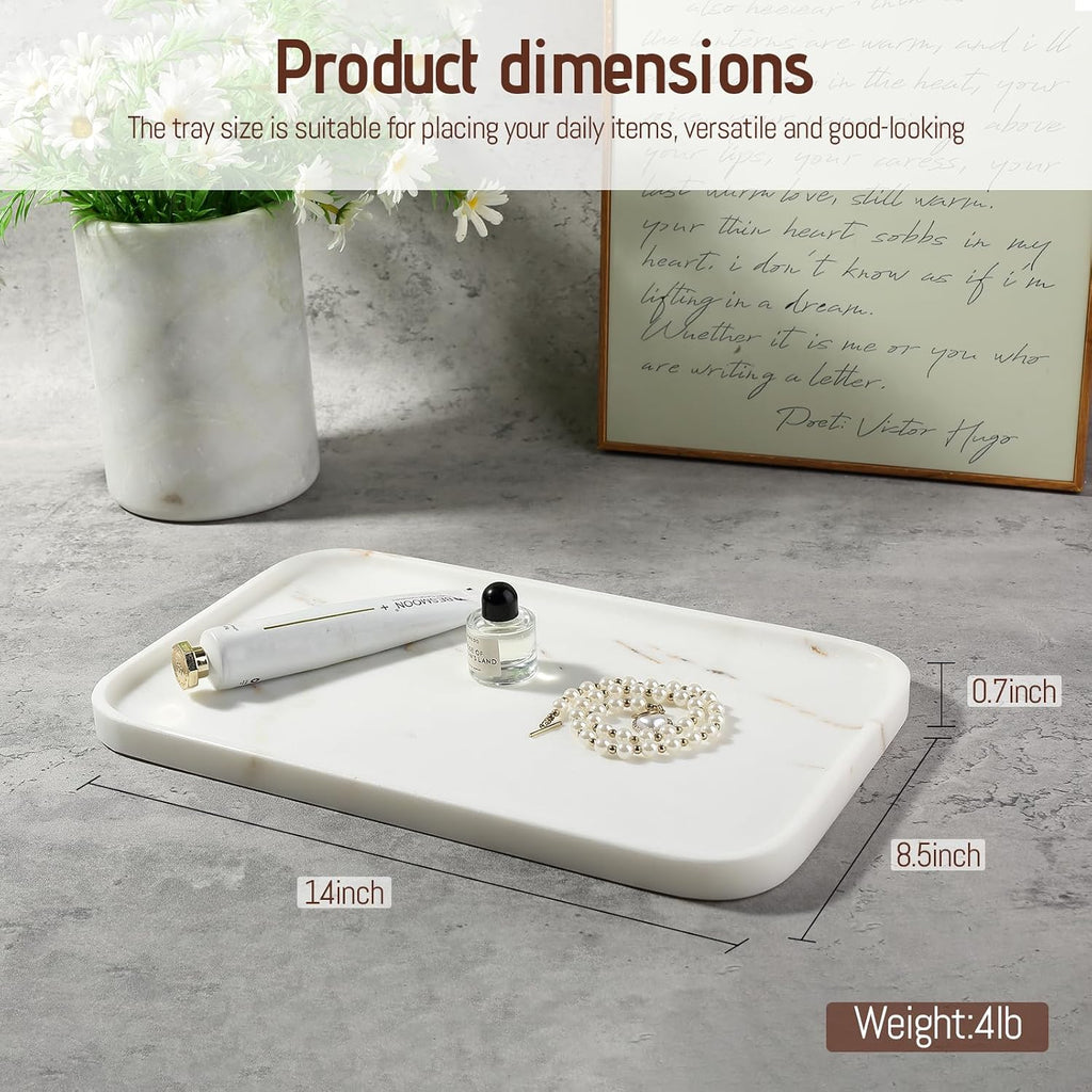 Karibiber Calacatta Vanity Tray, 14 in Marble Stone Bathroom Tray for Countertop, Golden Marble Decorative Perfume Tray for Dresser, Large Nightstand Tray, Storage Tray for Coffee Table