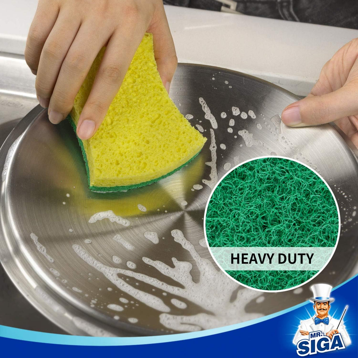 MR.SIGA Heavy Duty Cellulose Scrub Sponge, Dual-Sided Dish Sponge, 12 Pack