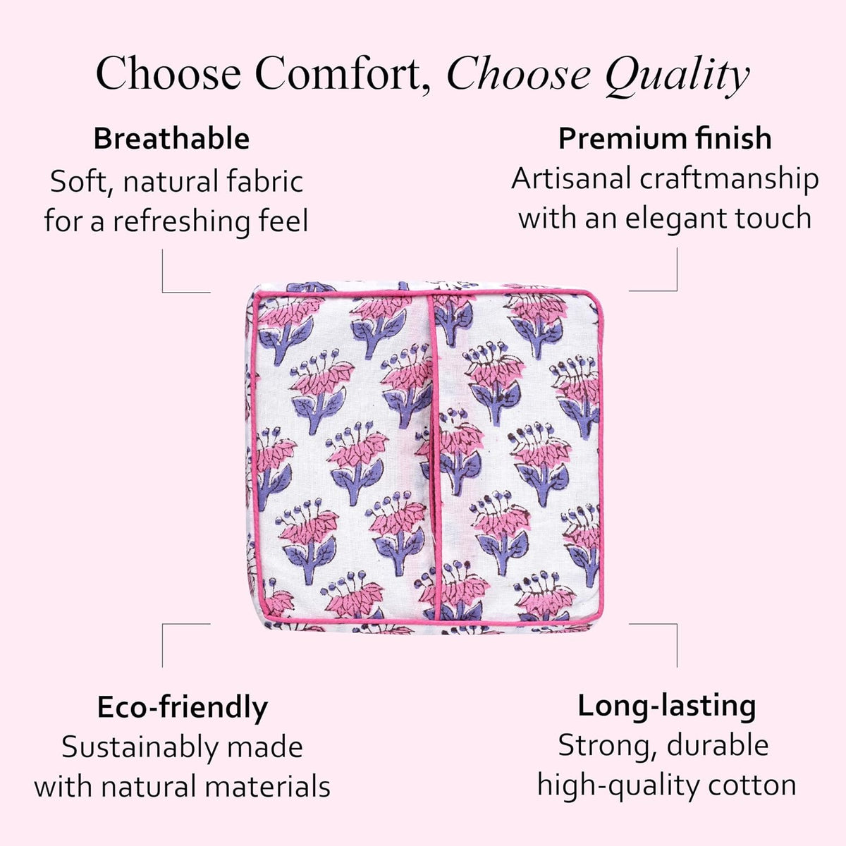 CPC 100% Cotton Piping Block Print Tissue Box Cover, Pink Sapphire