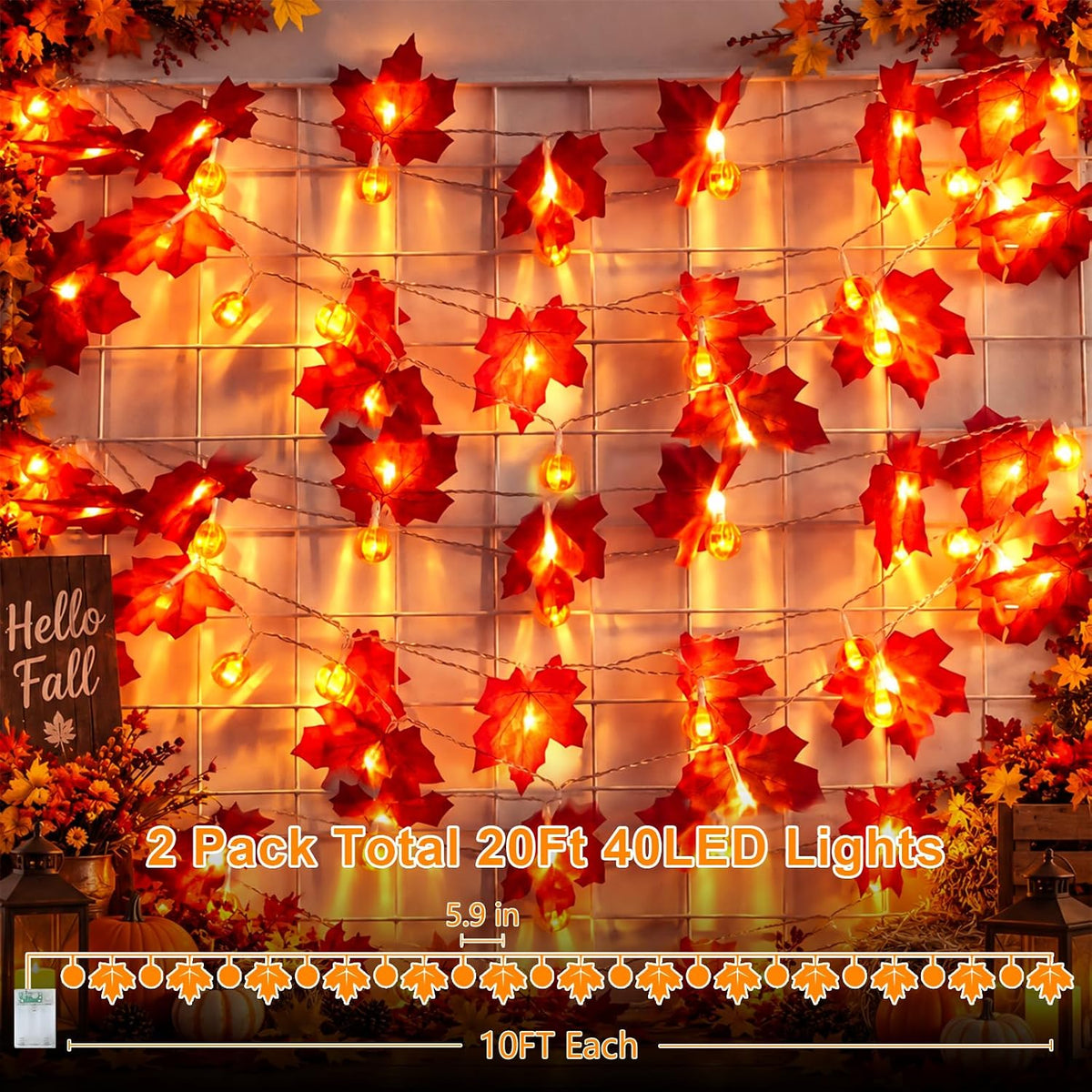 YEGUO 2Pack Fall Garland Lights, 20ft 40LED Maple Leaves with Pumpkin