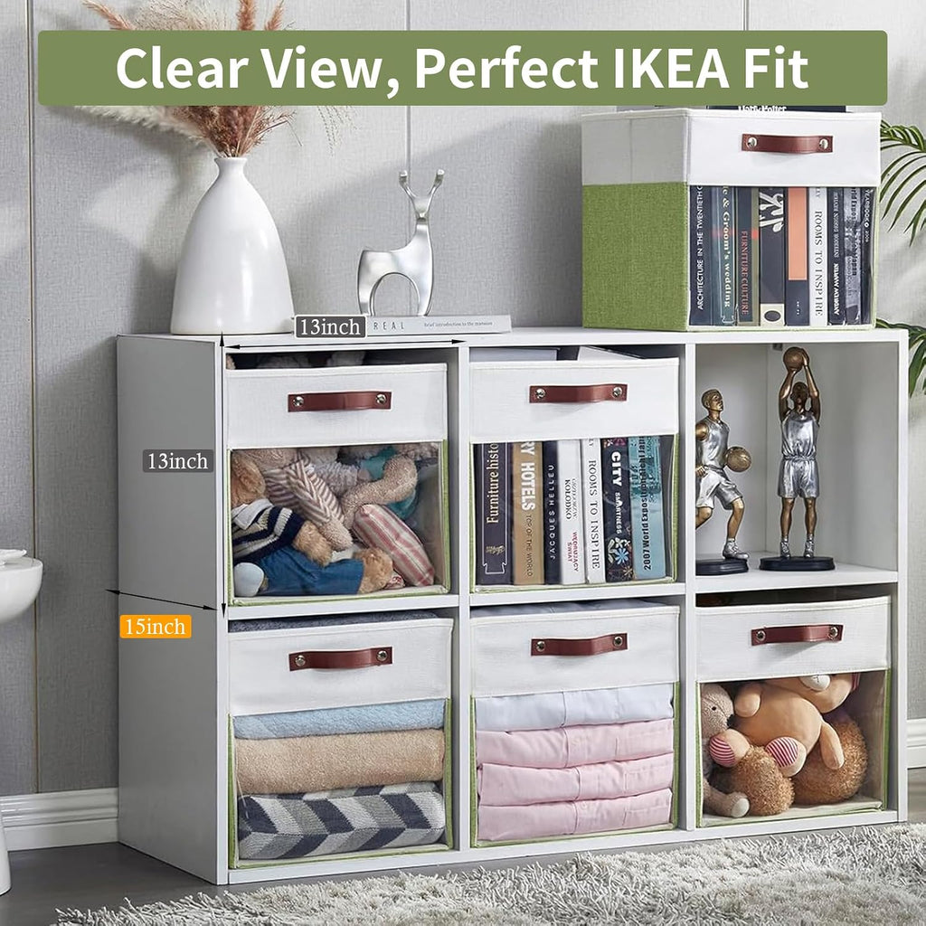 Bagnizer Storage Cubes, 4 Pack Linen Foldable Storage Bins with Clear Window and 2 Handles, 13x15x13 for Shelf Closet, Kallax, Clothes, Books - Green/Off-White