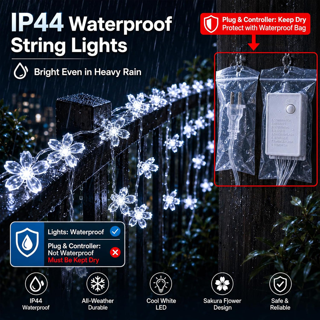 33ft 100 LED Plug in White Cherry Blossom Christmas Flower String Lights
