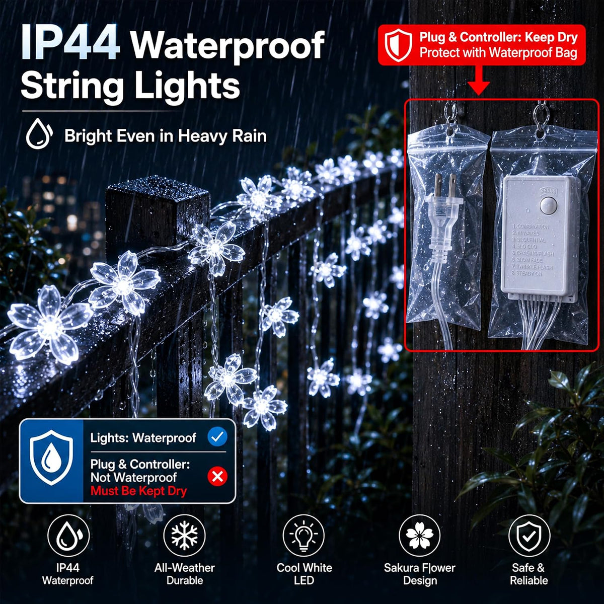 33ft 100 LED Plug in White Cherry Blossom Christmas Flower String Lights