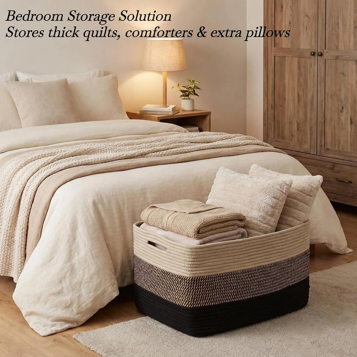 Optish 95L Large Woven Blanket Basket, Storage Basket with Handles