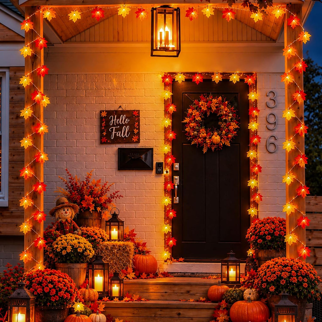 YEGUO 2 Packs Thanksgiving Decorations for Home, Fall Lights Battery Operated, Total 20ft 40 LED Lighted Fall Garland Maple Leaves Four Color for Holiday Autumn Harvest Thanksgiving Halloween Decor