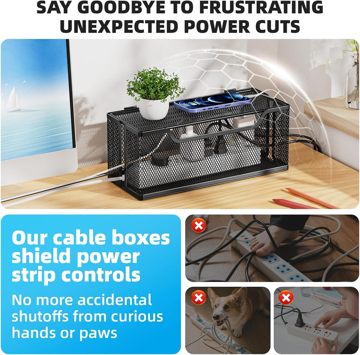 Marbrasse 3 Pack Cable Management Box, Metal Mesh Cord Organizer Box for TV Wires, Electrical Hiding, Power Strip – Under Desk Cable Storage Box with Cable Clips&Reusable Cable Ties for Home/Office