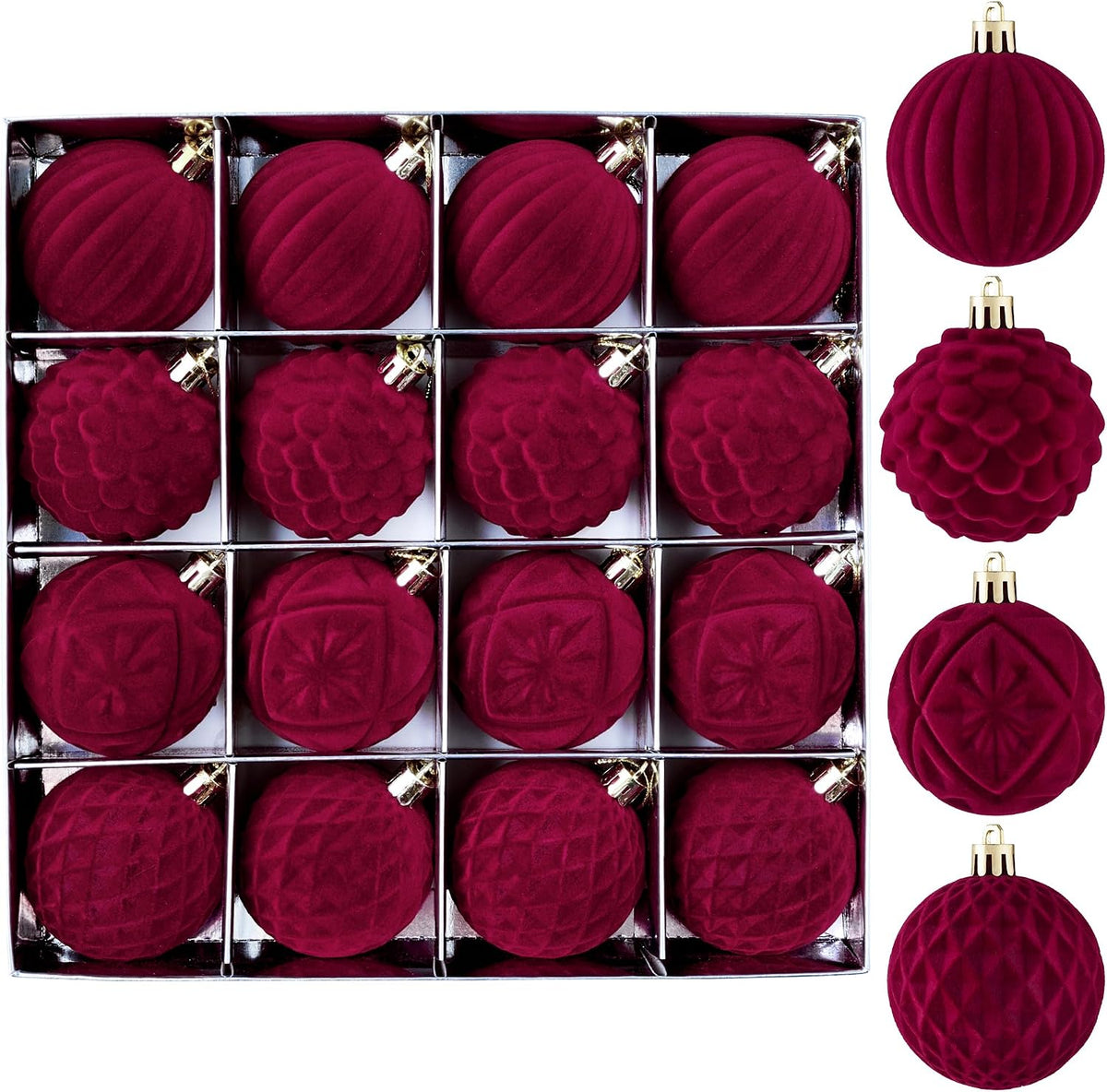 BLEUM CADE 16Pcs Burgundy Velvet Shatterproof Christmas Ball Ornaments