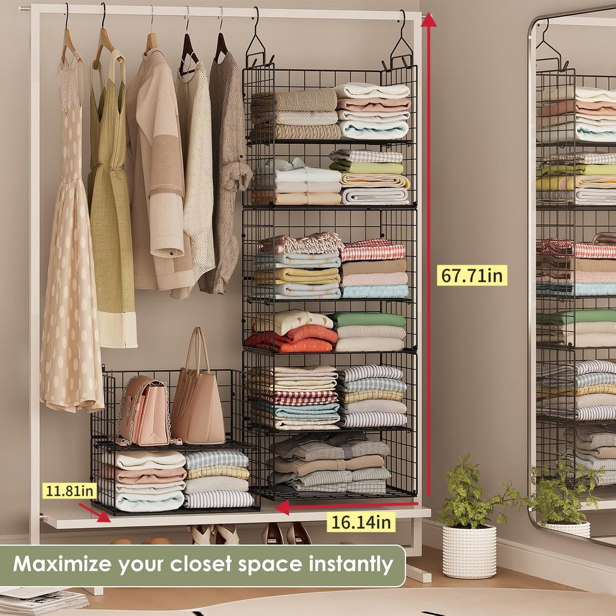 8 Tier Widened Hanging Closet Organizer and Storage Shelves, Metal & Foldable Hanging Clothing Organizer Baskets with Adjustable Dividers for Sweaters Shoes Handbags,Black (D11.81"xW16.14"xH15.35")