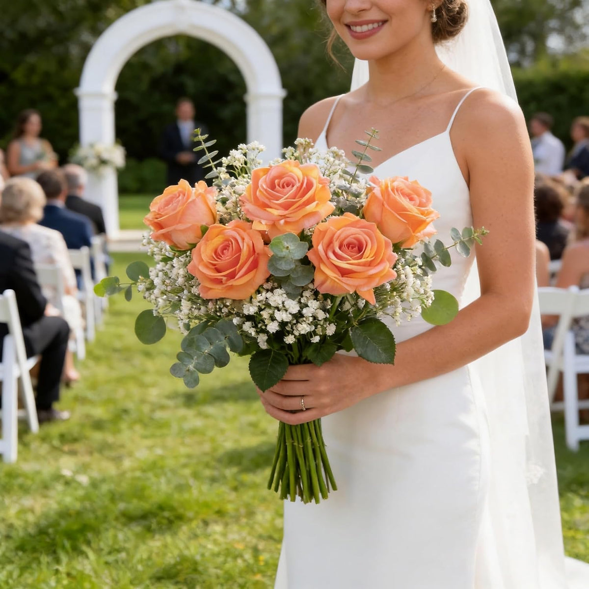 Real Touch Artificial Roses, 5Pcs Peach Coral Faux Silk Flowers