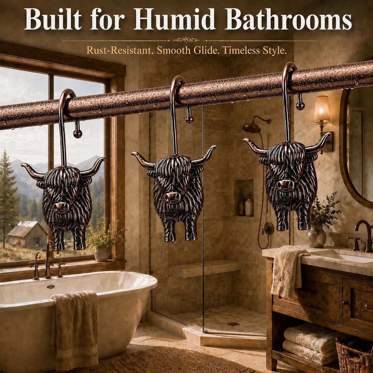 Highland Cow Shower Curtain Hooks, Rust-Resistant Zinc Alloy Metal Hooks, Farmhouse Bathroom Decor, 12 Pack (Antique Copper)