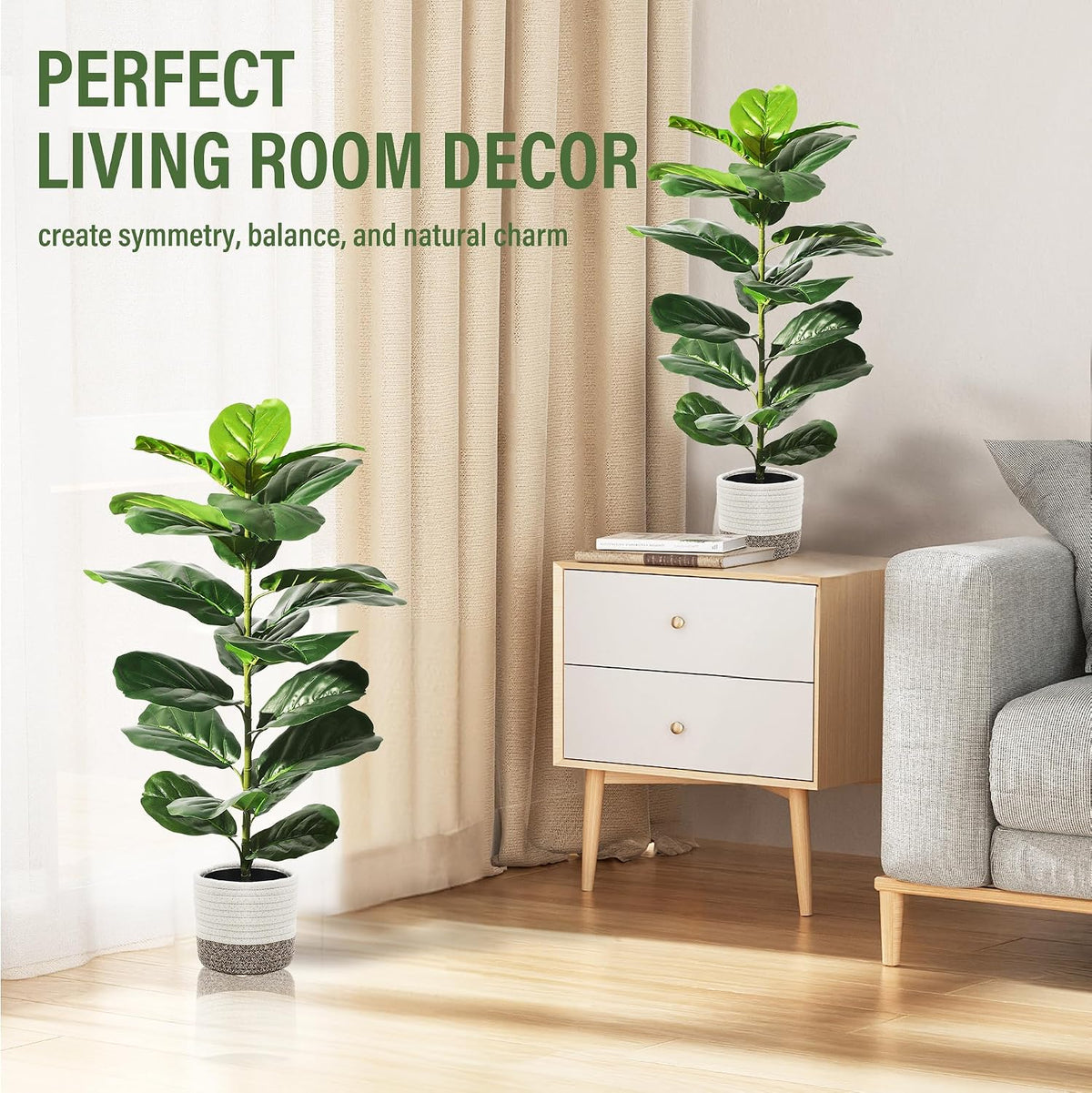 Suntee 2 Pack Faux Fiddle Leaf Fig Trees with Cotton Rope Basket, 30 Inches
