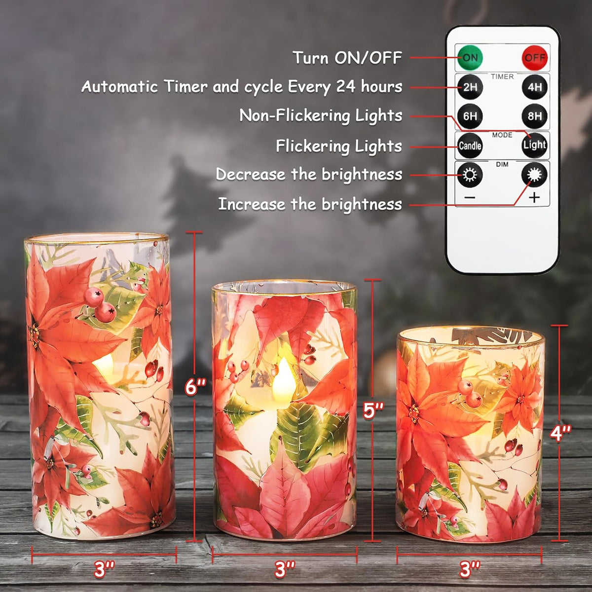 Crystal Club Red Poinsettia Christmas Flameless Candles with Remote