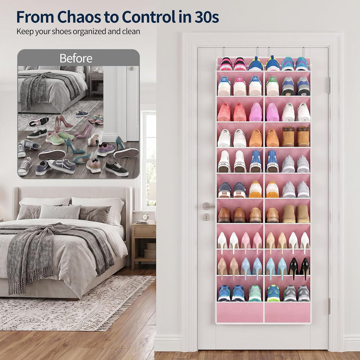 Yecaye 30 Pairs Over the Door Shoe Organizer, Large Capacity Hanging Shoe Rack for Door with Deep Pockets, Heavy Duty 10 Tier Shoe Holder for Sneakers Boots Heels College Dorm Essentials, Dusty Pink