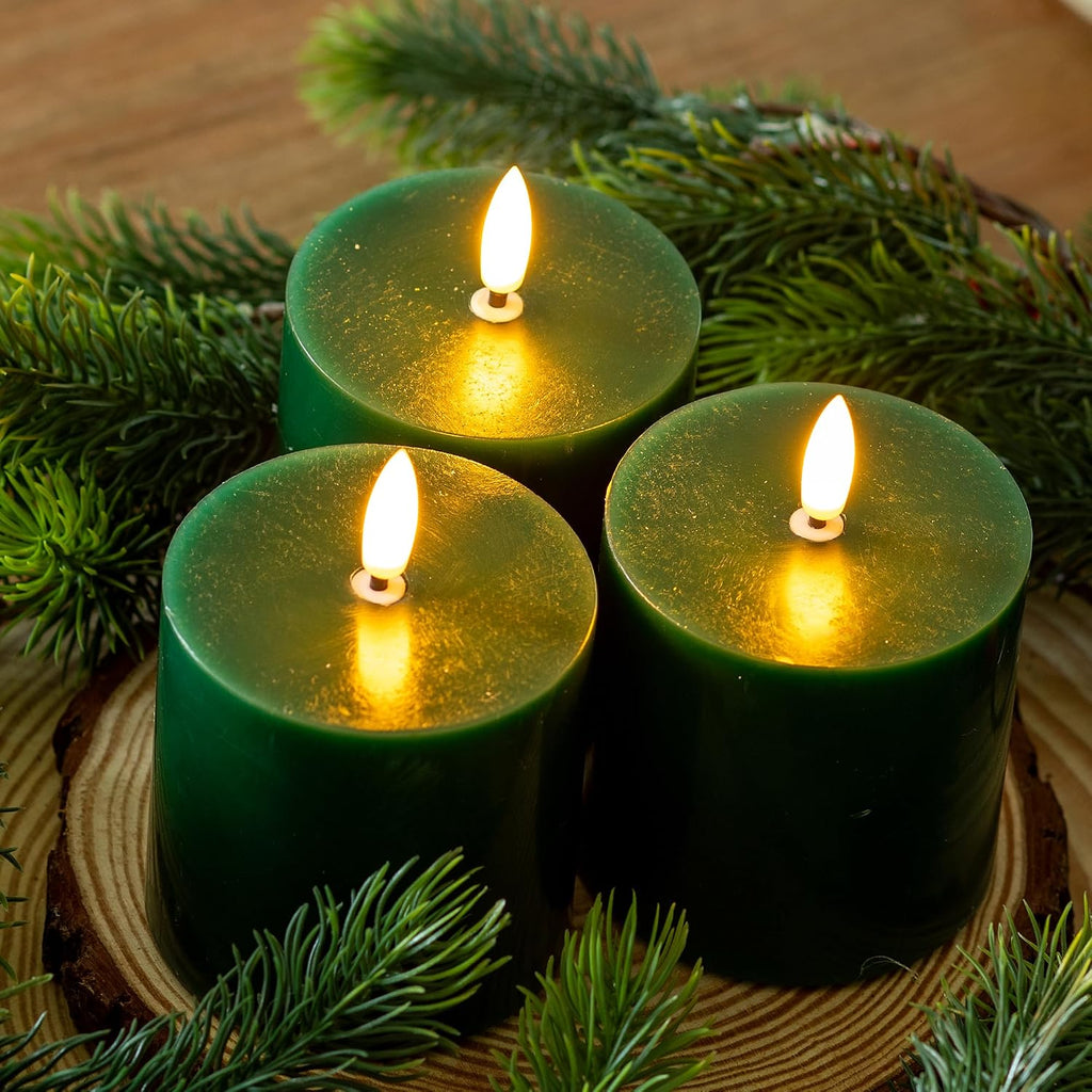 Green Flameless Pillar Candles, Real Wax Battery Operated Candles with Remote and Timer, Flickering LED Candles for Christmas Holiday Home Decor,Xmas Gift, Set of 3(3"x3")