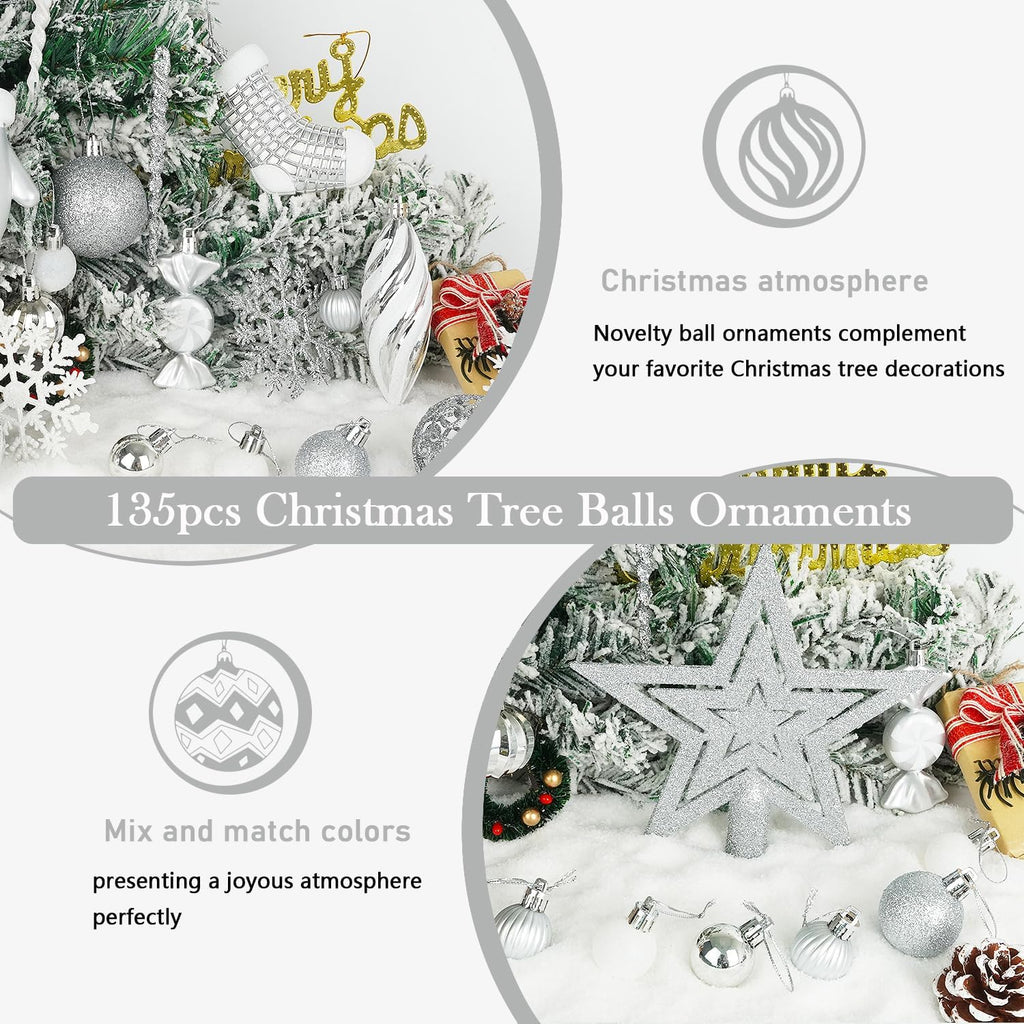 Artmag 135 Pcs Christmas Ball Ornaments Set, Pre-Tied Shatterproof Plastic Assorted Christmas Balls for Xmas Tree Hanging Decorations Festival Party Holiday Decor (Silver)